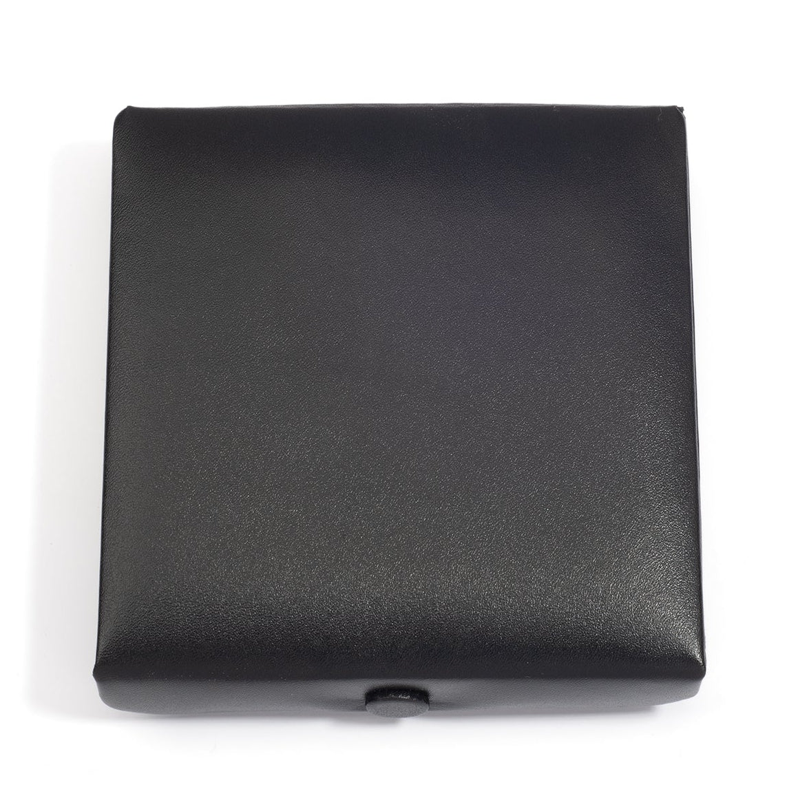 A closed black medium square jewelry box with a smooth surface, viewed from above