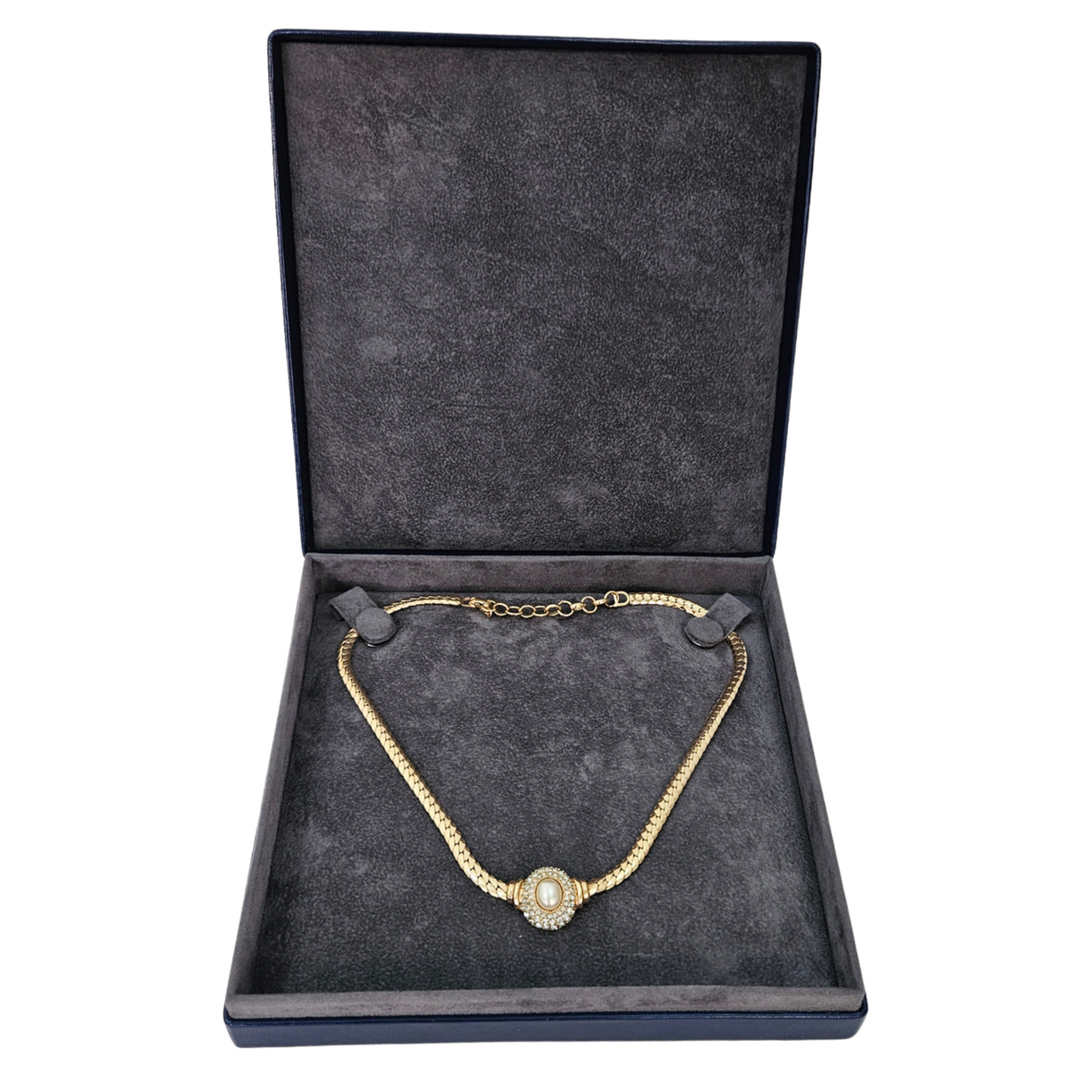 Dark Blue Necklace Box lined Elephant Grey – Fixed 2 stud strap pad - Limited Edition