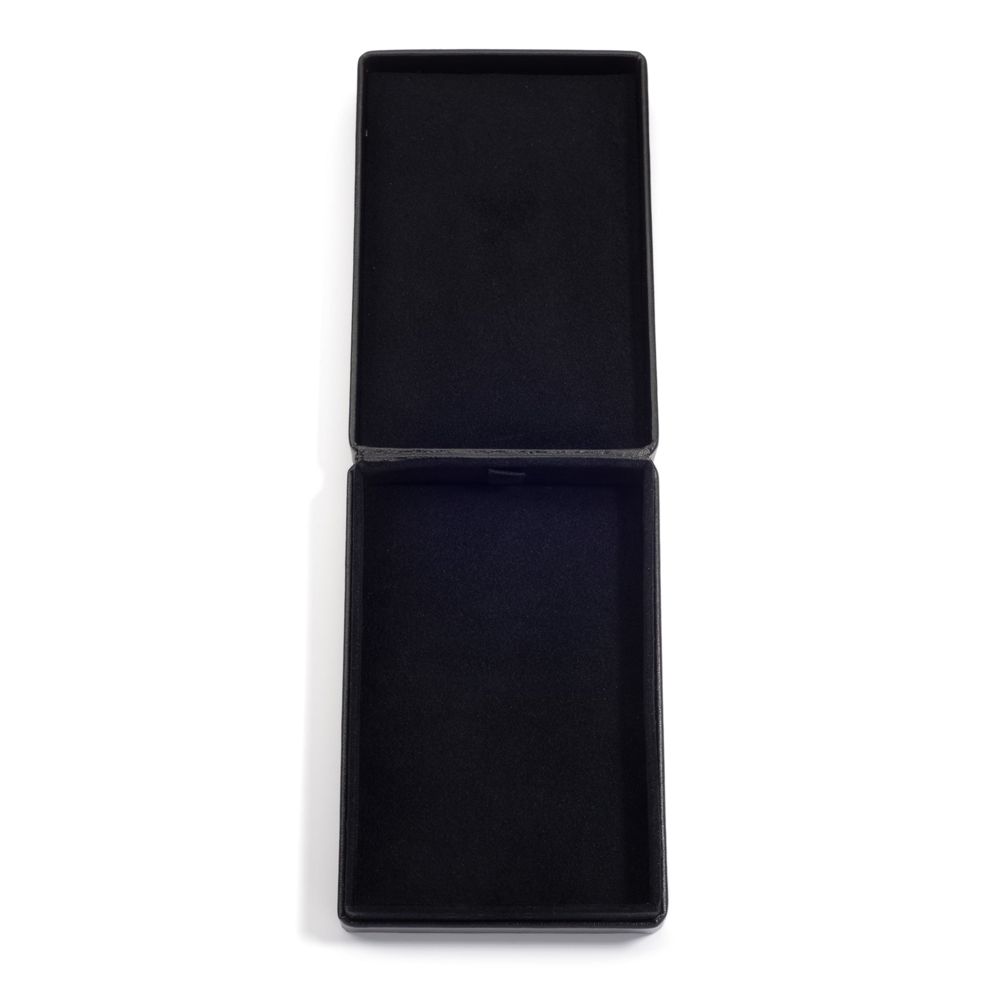 An open, empty black jewelry box with a soft, black interior lining, shown on a white background.