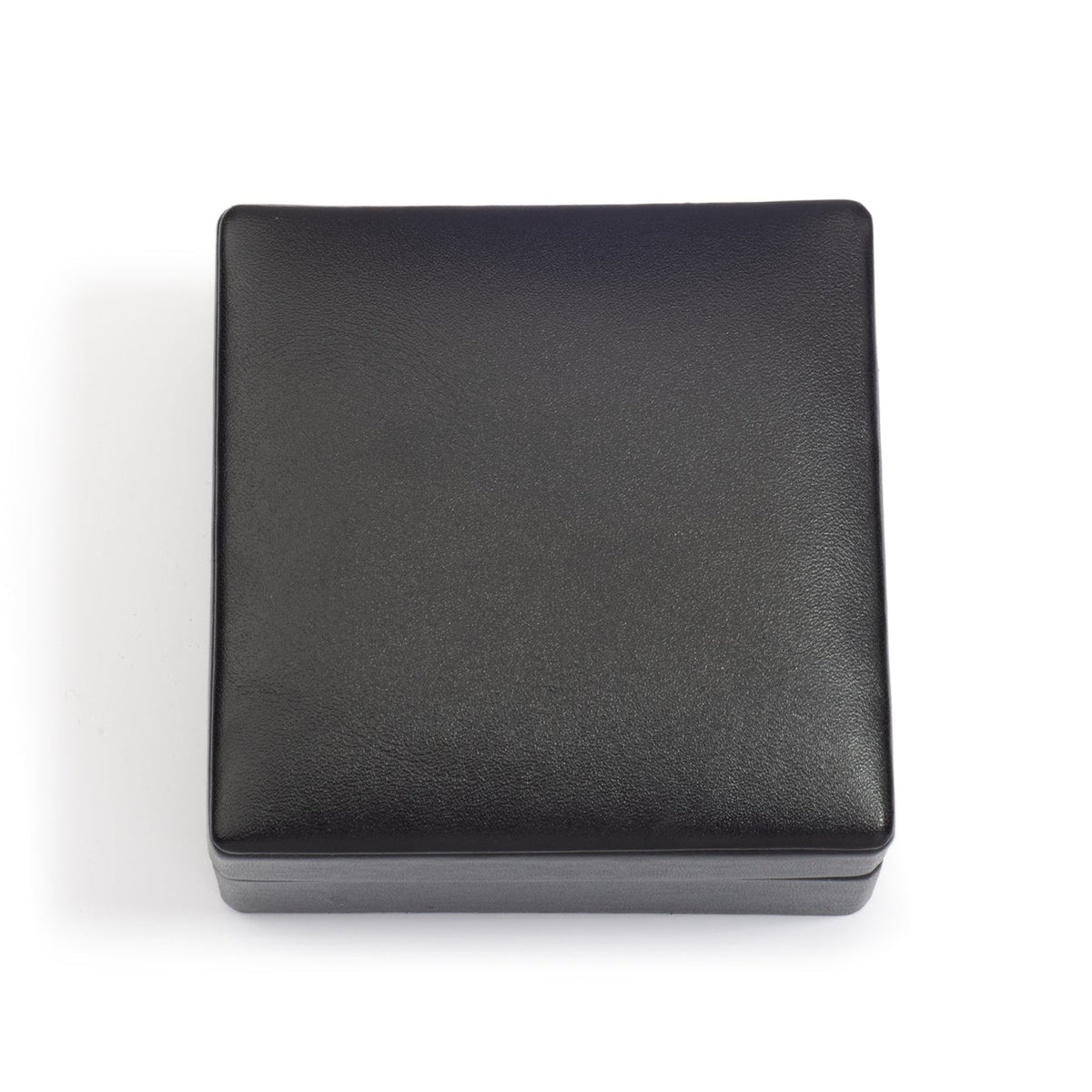 A closed, square-shaped black jewellery box with a smooth finish, positioned against a white background.