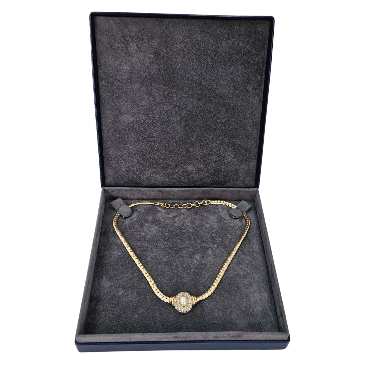 Dark Blue Necklace Box lined Elephant Grey – Fixed 2 stud strap pad - Limited Edition