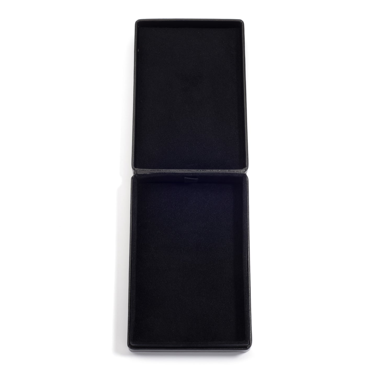 An open, empty black jewelry box with a soft, black interior lining, shown on a white background.