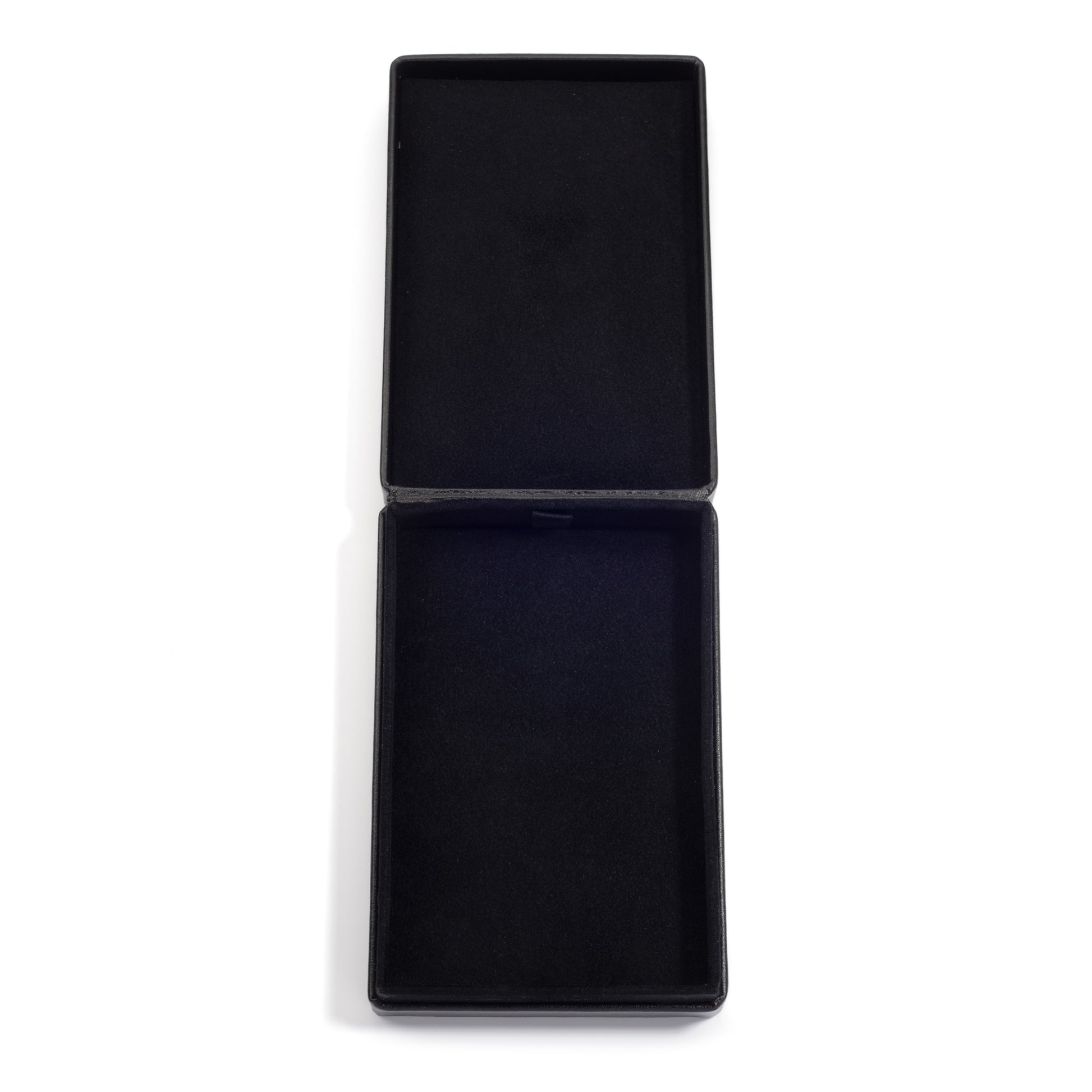 An open, empty black jewelry box with a soft, black interior lining, shown on a white background.