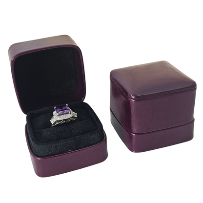 Leather Rounded Square Ring Box (5x5x4 cm) - Dark Purple lined Black
