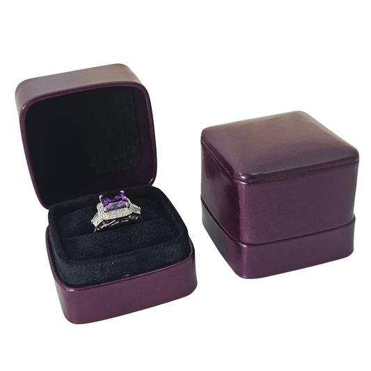Leather Rounded Square Ring Box (5x5x4 cm) - Dark Purple lined Black