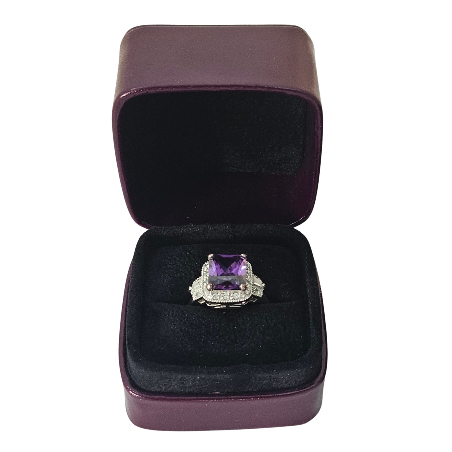 Leather Rounded Square Ring Box (5x5x4 cm) - Dark Purple lined Black