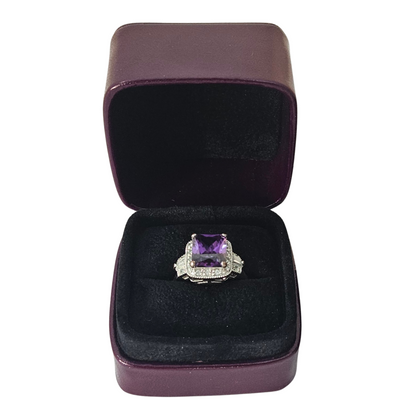 Leather Rounded Square Ring Box (5x5x4 cm) - Dark Purple lined Black